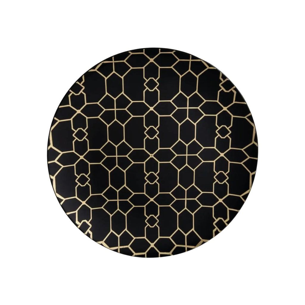 Black & Gold Geometric Pattern Plastic Dessert Plates 10ct