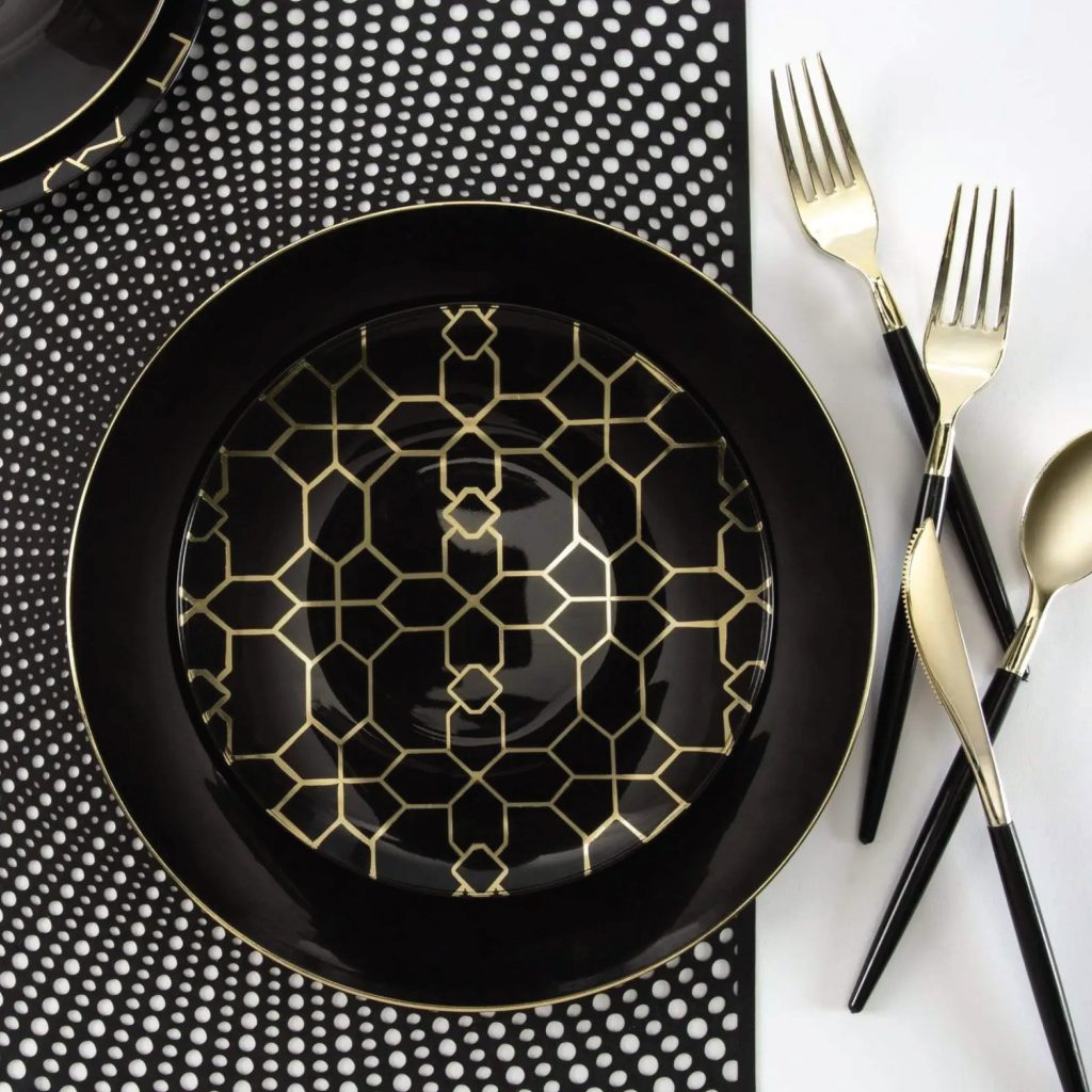 Black & Gold Geometric Pattern Plastic Dessert Plates 10ct