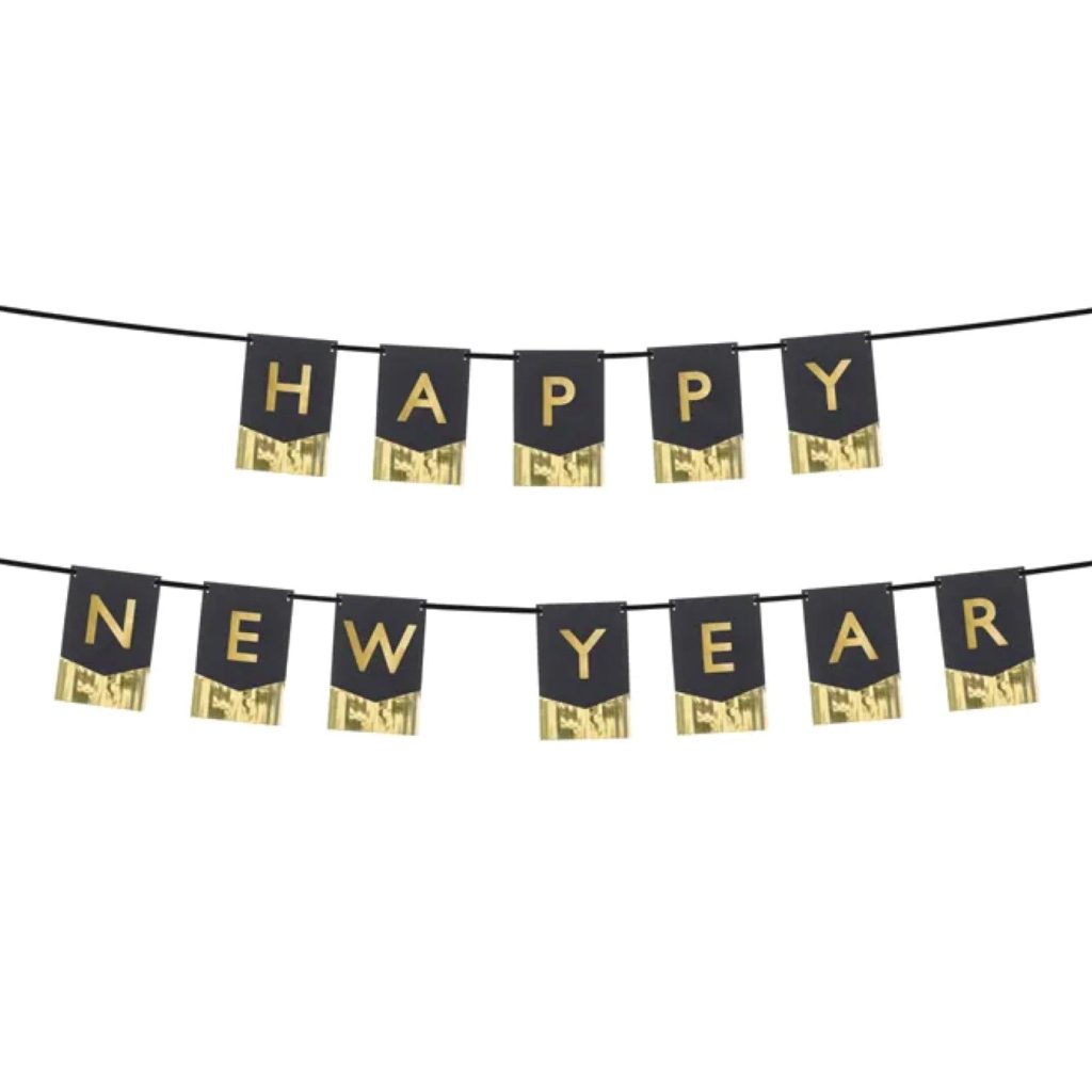 Black & Gold Happy New Year Fringe Banner 4.5ft