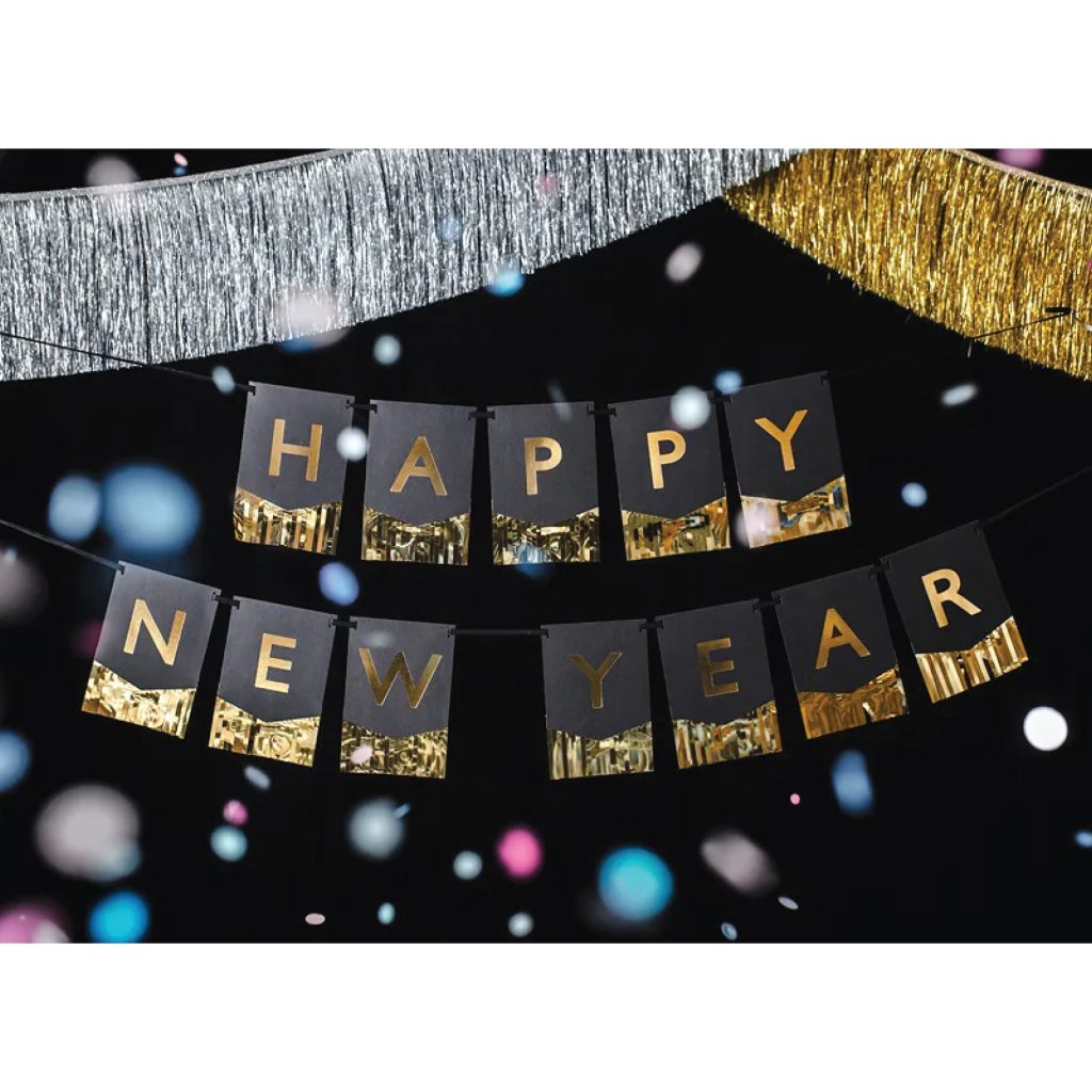 Black & Gold Happy New Year Fringe Banner 4.5ft