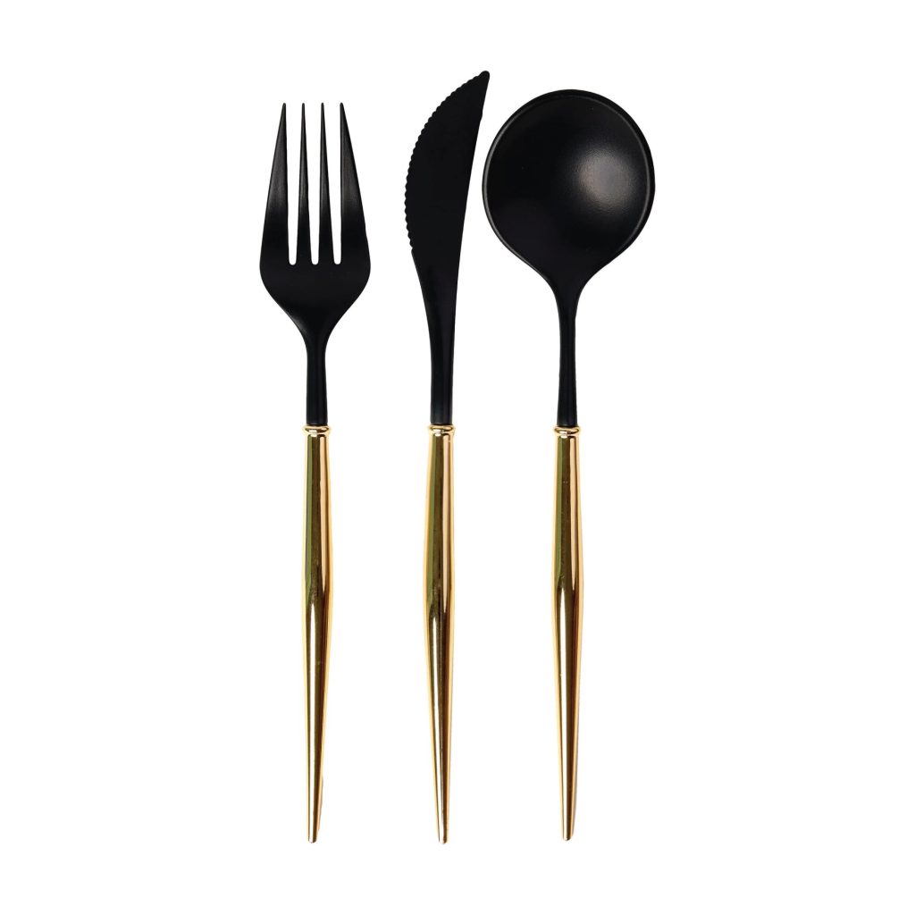 Gold & Black Plastic Cutlery Set For 8