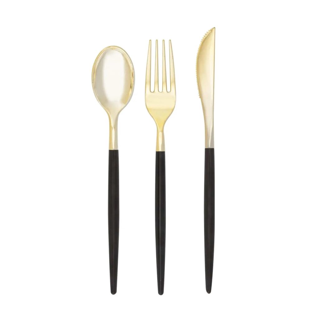 Black & Gold Plastic Cutlery Set For 8