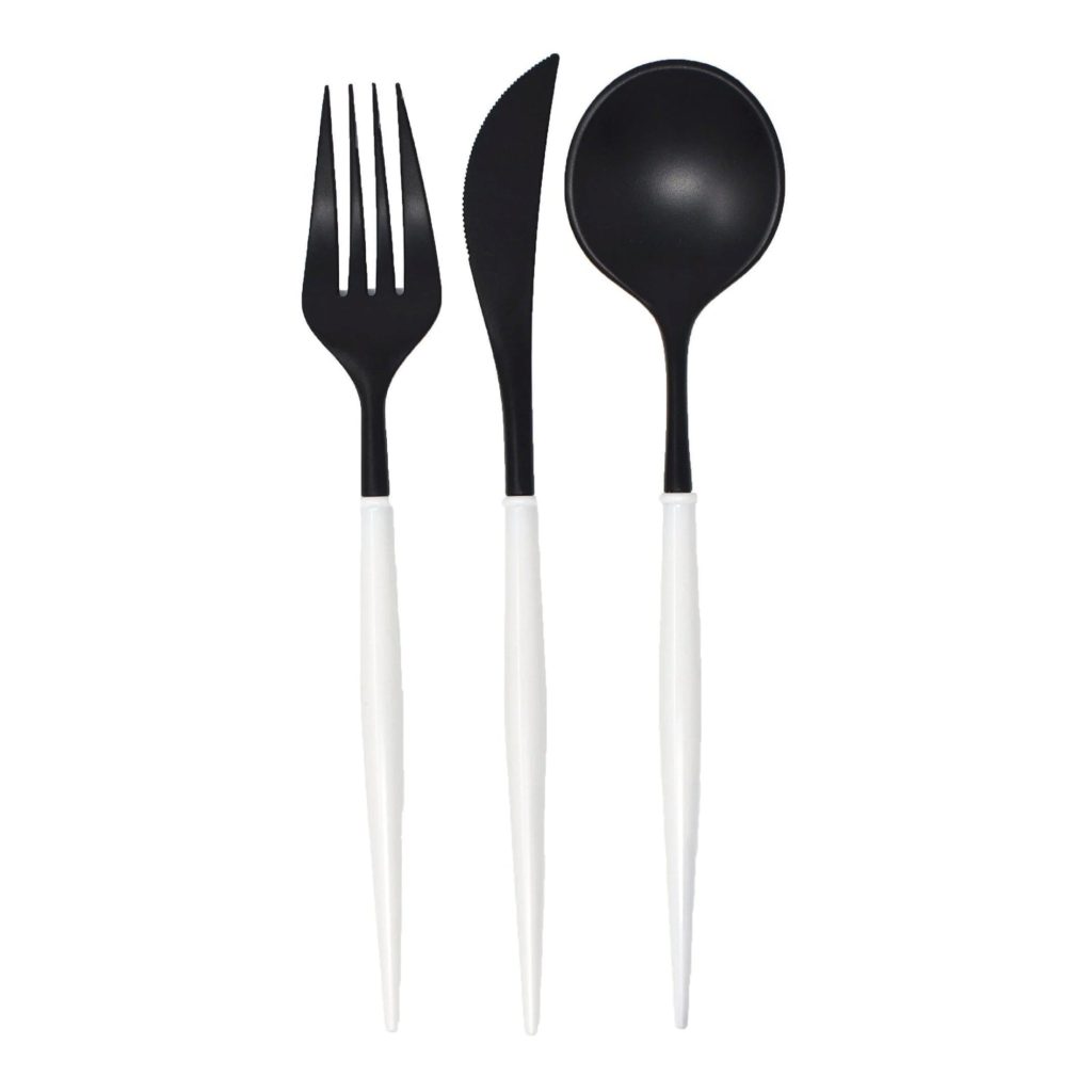 Black & White Plastic Cutlery Set For 8