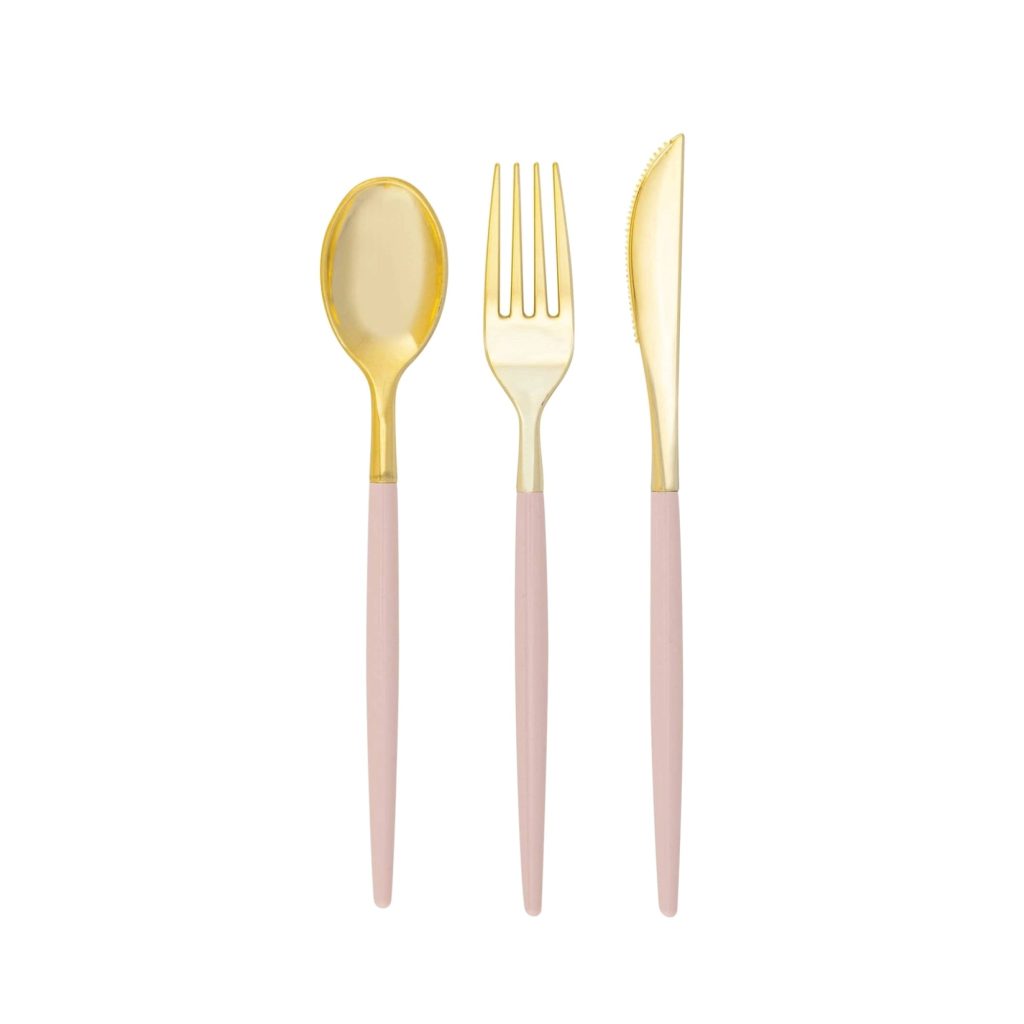 Pink & Gold Plastic Cutlery Set For 8