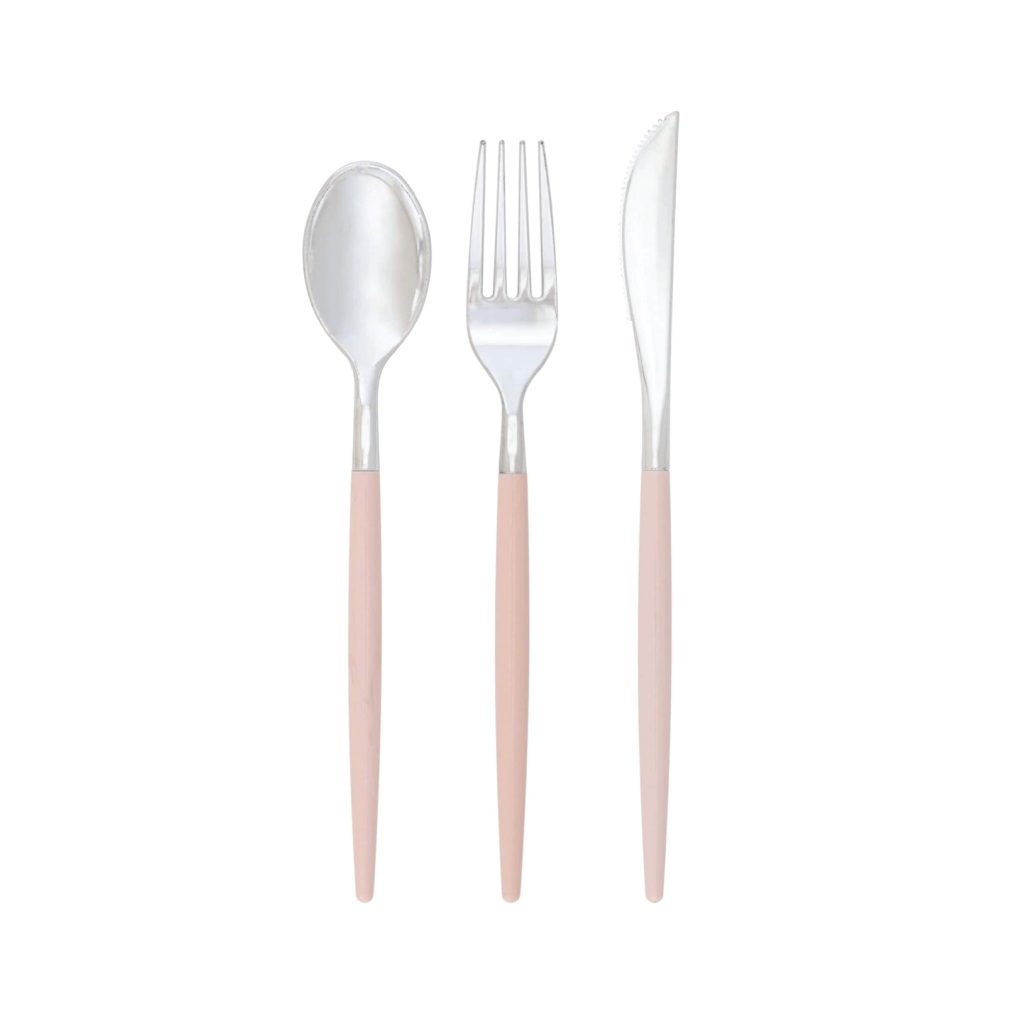 Blush Pink & Silver Plastic Cutlery Set For 8