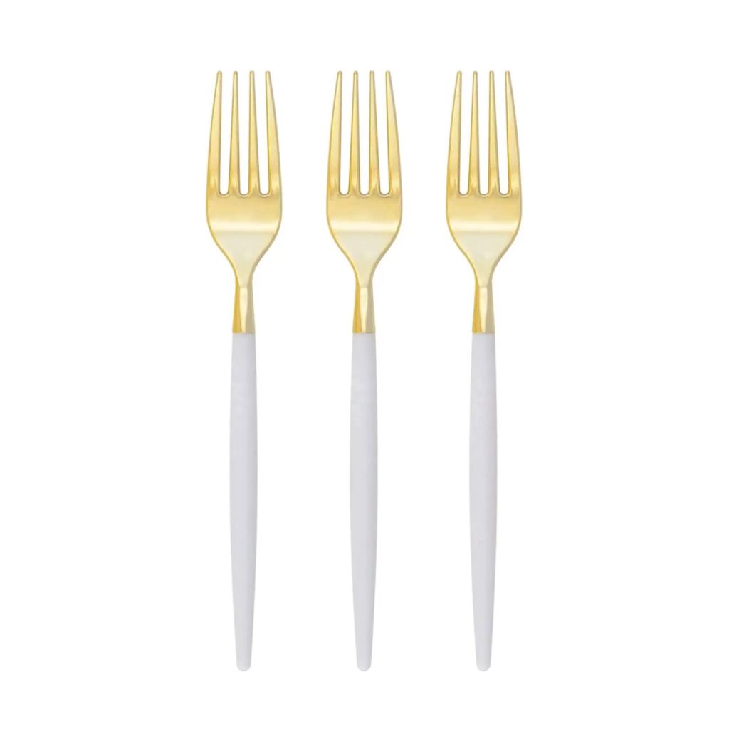 White & Gold Plastic Forks 32ct