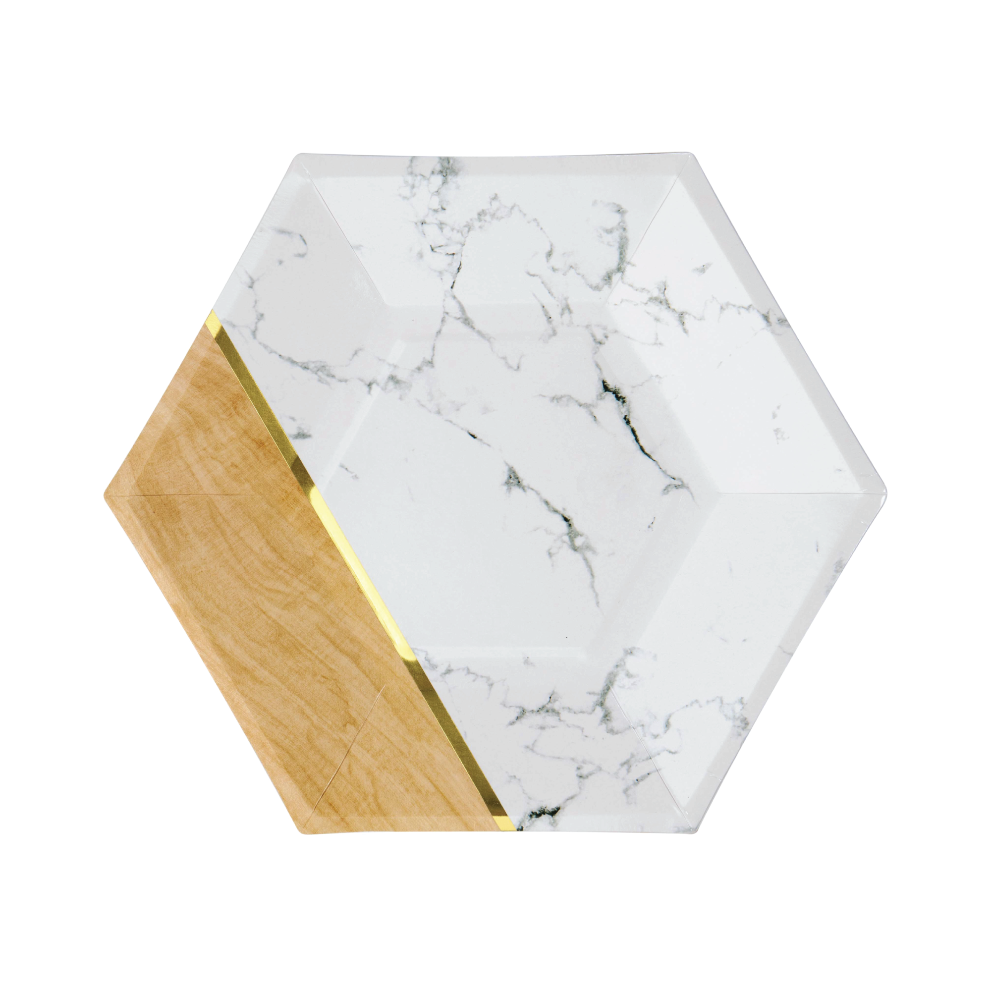 White Marble & Faux Wood Hexagon Dessert Plates 8ct