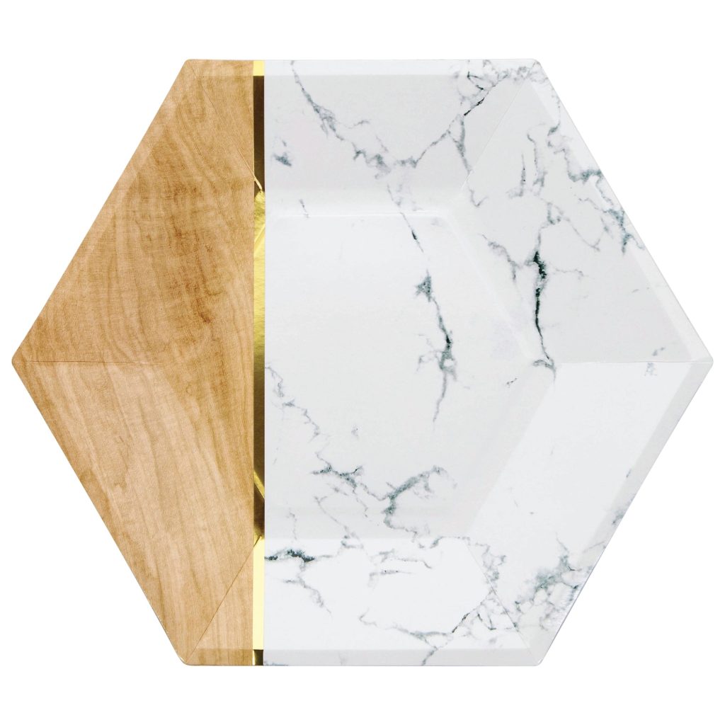 White Marble & Faux Wood Hexagon Lunch Plates 8ct