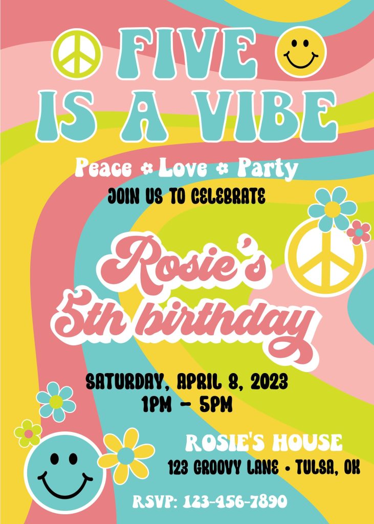 Five Is A Vibe Groovy Birthday Invitation