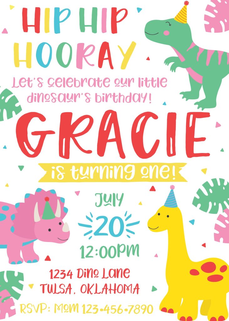 Pink Girl Dinosaur Birthday Party Invitation