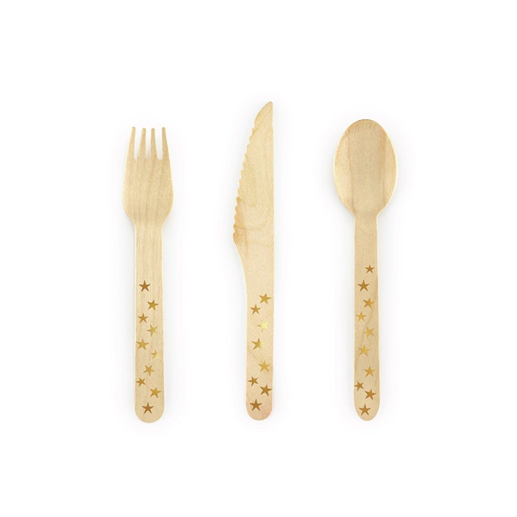 Gold Stars Wooden Cutlery Set For 6