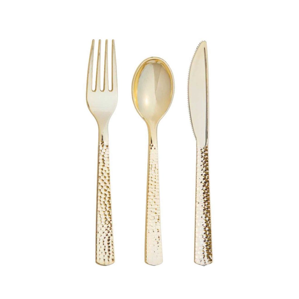 Gold Premium Hammered Plastic Cutlery Set For 8