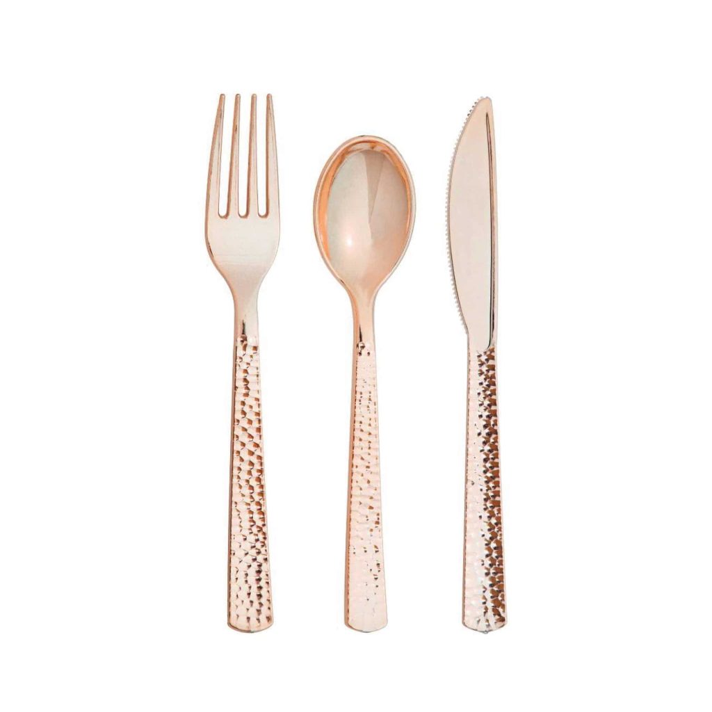 Rose Gold Hammered Plastic Cutlery Set For 8