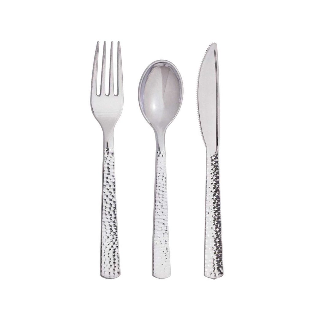 Silver Premium Hammered Plastic Cutlery Set For 8