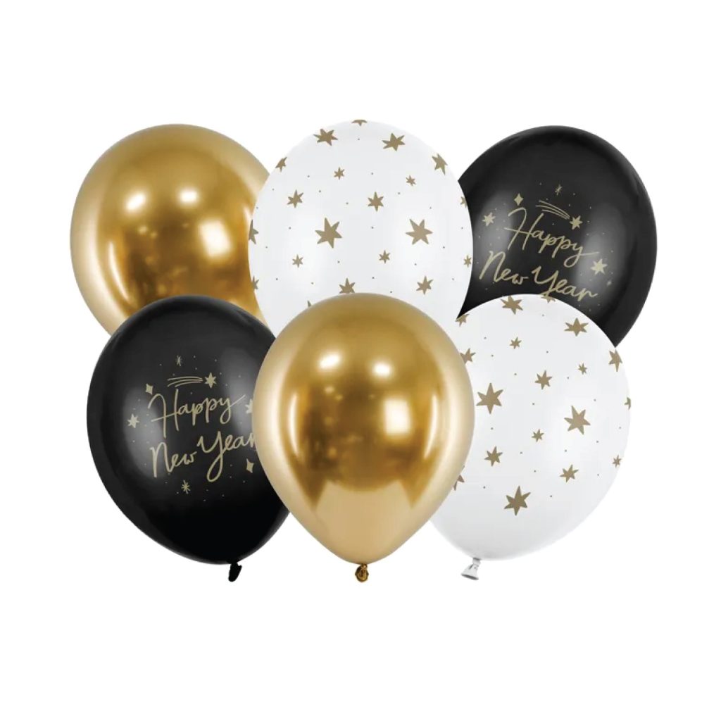 Black, White And & Gold Happy New Year Latex Balloon Bouquet 6ct