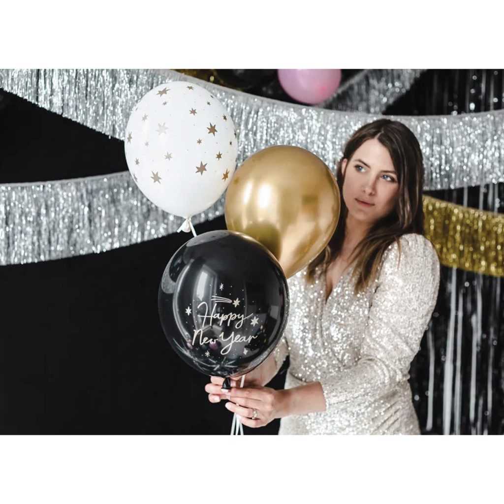 Black, White And & Gold Happy New Year Latex Balloon Bouquet 6ct