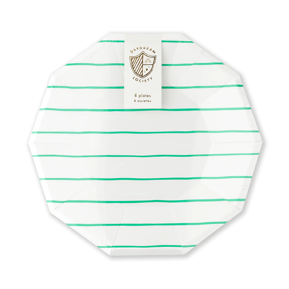 Frenchie Green Striped Lunch Plates 8ct