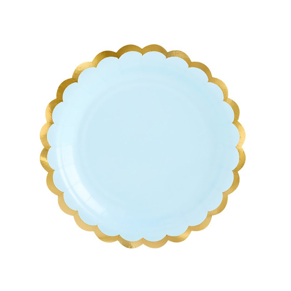 Light Blue & Gold Scalloped Dessert Plates 6ct