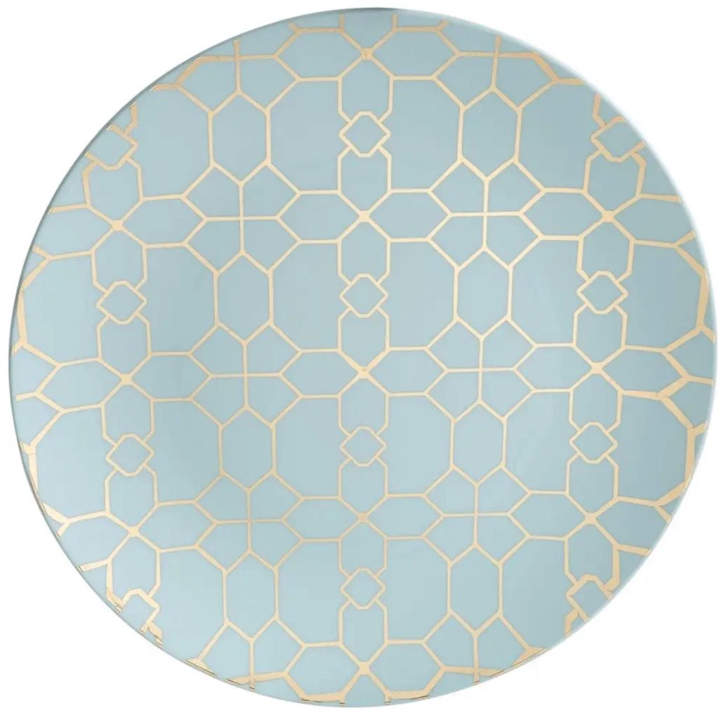 Light Mint Blue & Gold Pattern Plastic Dinner Plates 10ct