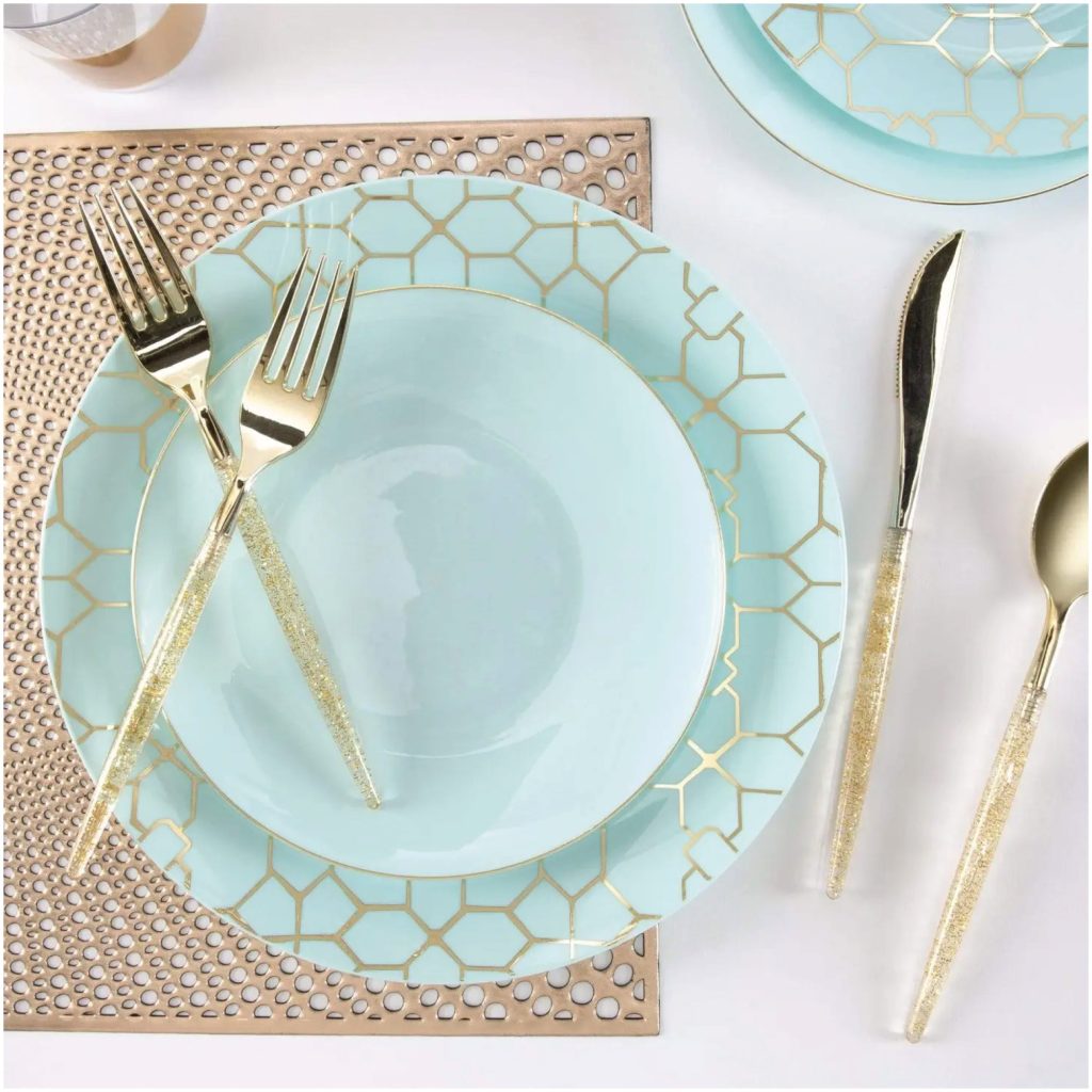 Light Mint Blue & Gold Pattern Plastic Dinner Plates 10ct