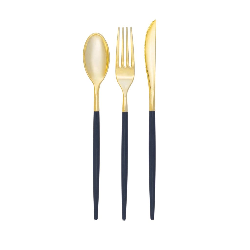 Navy & Gold Plastic Cutlery Set For 8