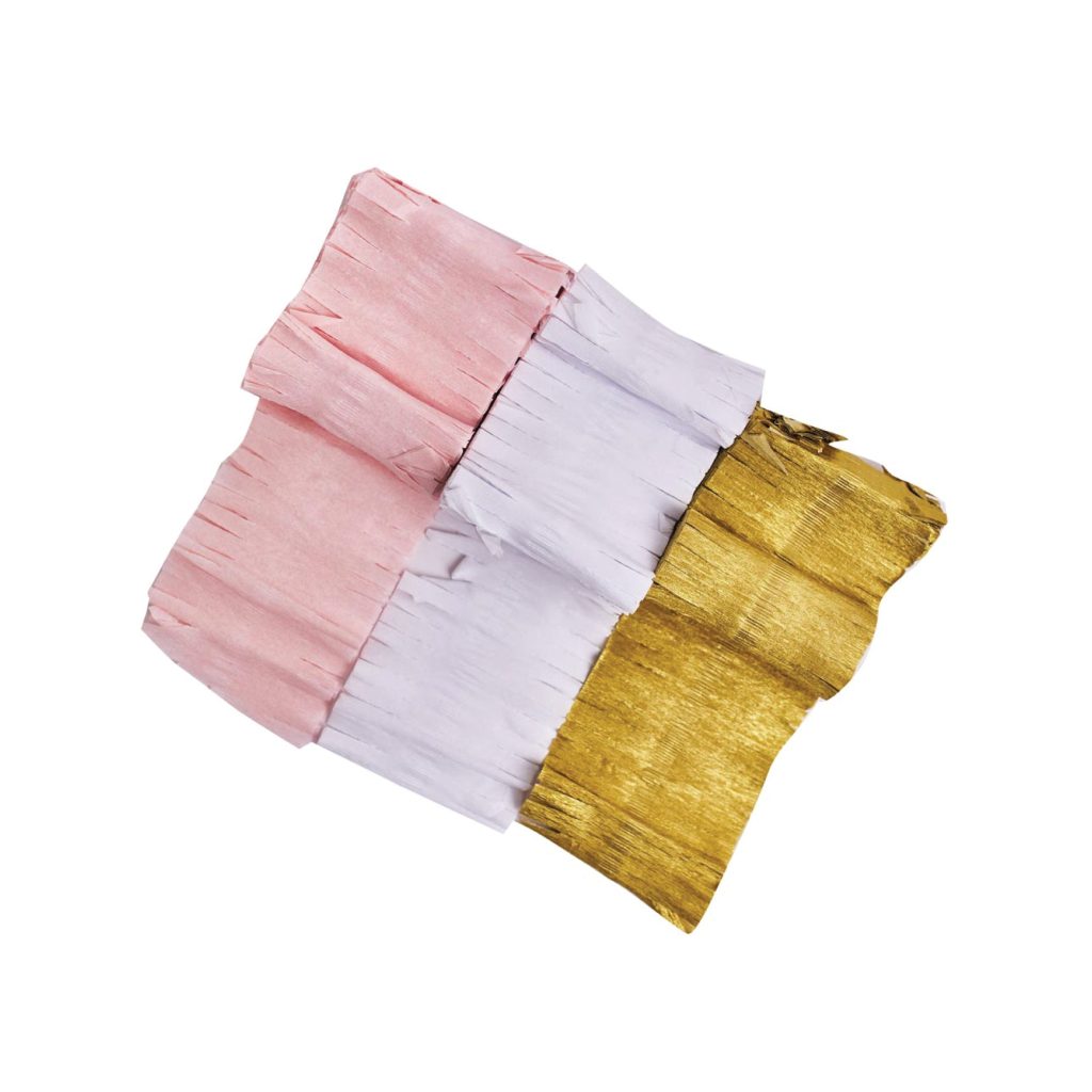 Pink, Gold, & White Crepe Paper Fringed Streamers 13ft