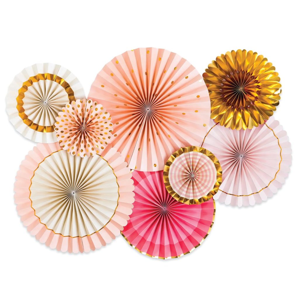 Pink & Metallic Gold Paper Fan Decorations 8ct