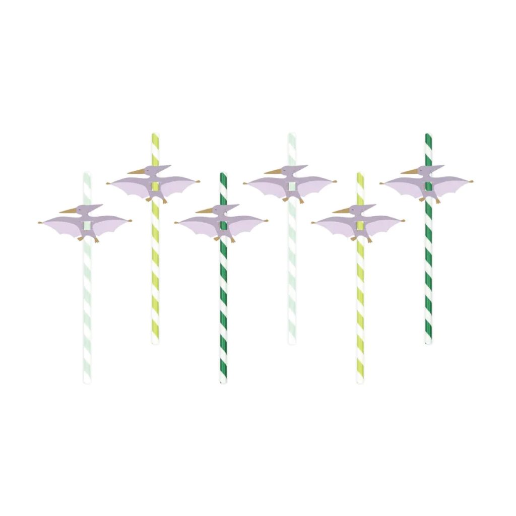 Green & White Striped Pterodactyl Paper Straws 6ct