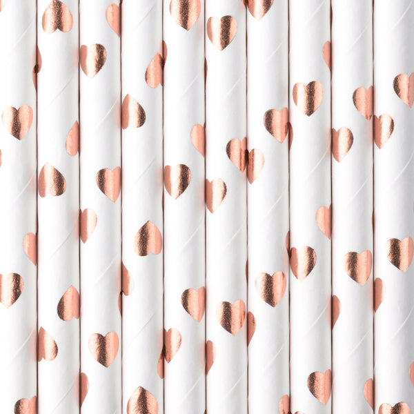 Rose Gold Metallic Heart Paper Straws 10ct