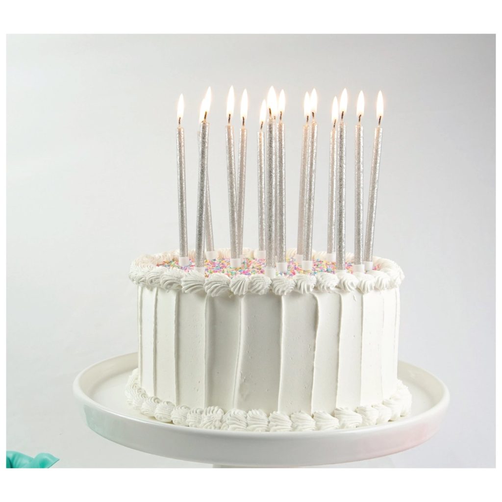 Tall Silver Glitter Birthday Candles 16ct