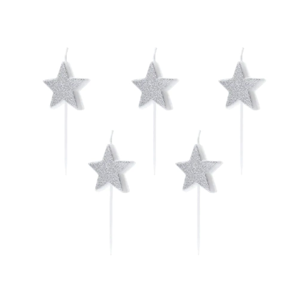 Glitter Silver Star Birthday Candles 5ct