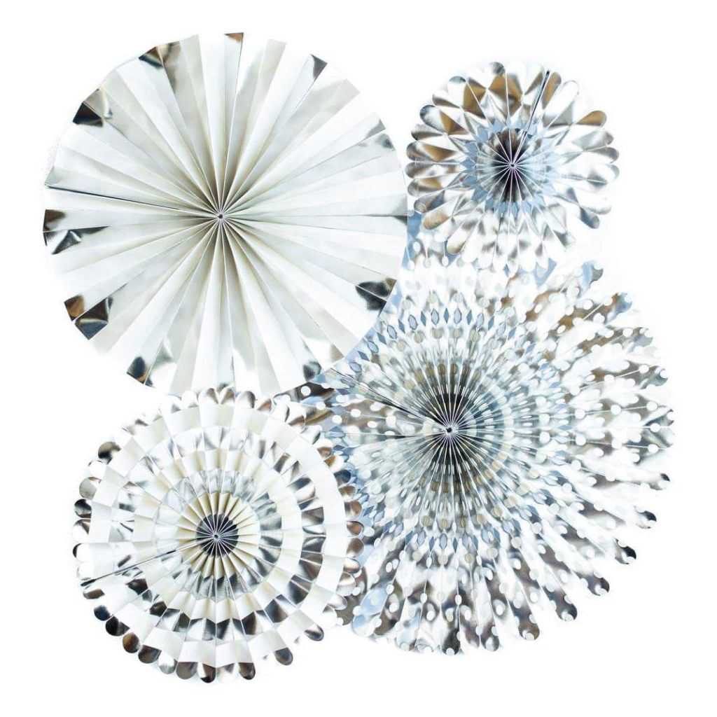 Silver Foil Paper Party Fans 4ct