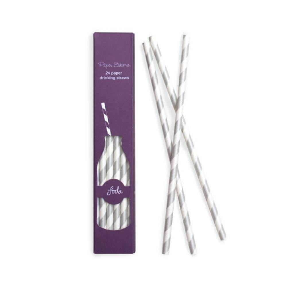 Silver & White Striped Paper Straws 24ct