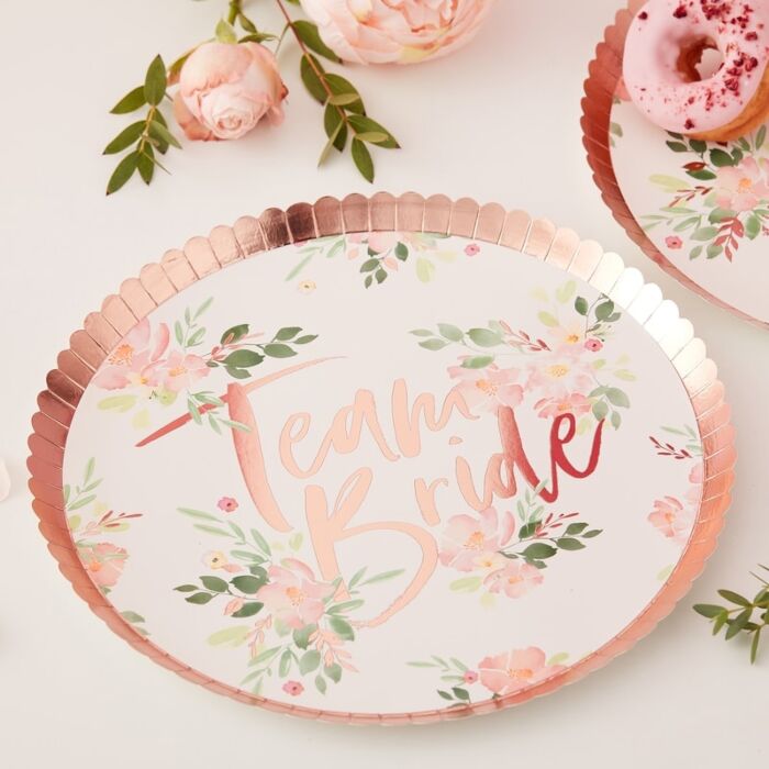 Floral & Rose Gold Team Bride Lunch Plates 8ct