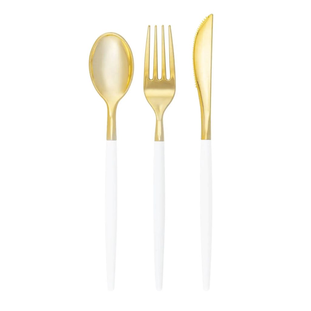 White & Gold Plastic Cutlery Set For 8