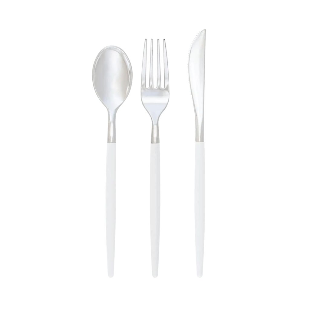 White & Silver Plastic Cutlery Set For 8