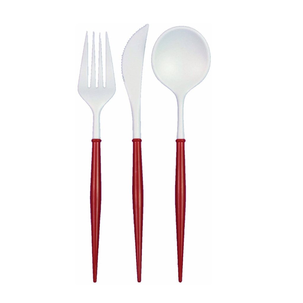 Red & White Plastic Cutlery Set For 8