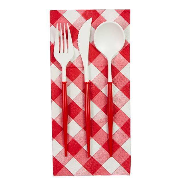 Red & White Plastic Cutlery Set For 8