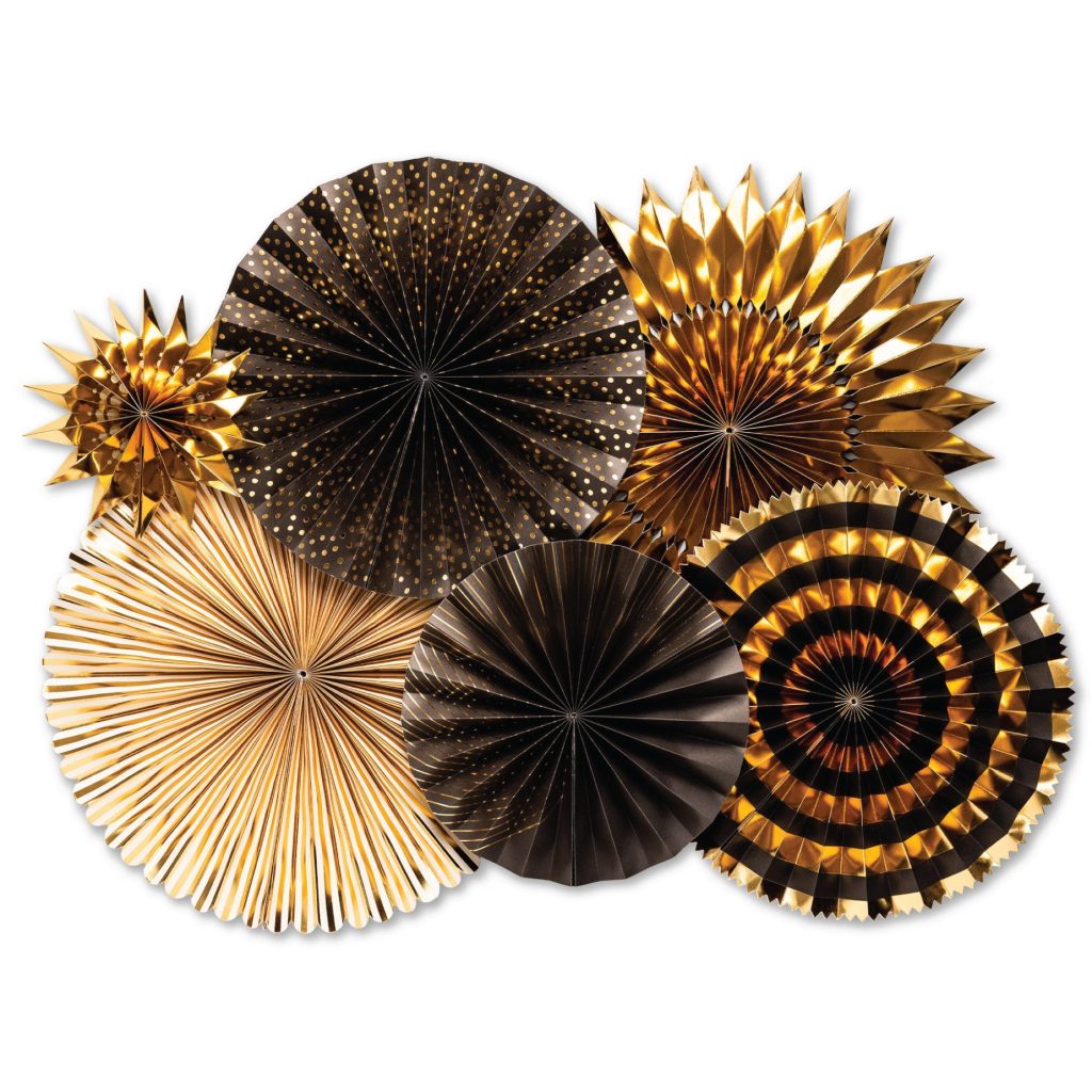 Black & Gold Paper Fan Decorations 6ct