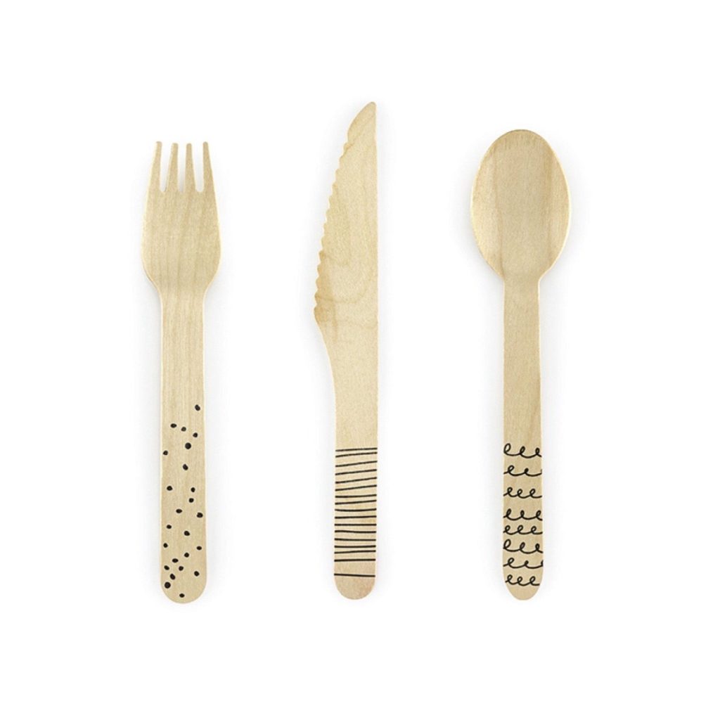 Black Doodles Wooden Cutlery Set For 6