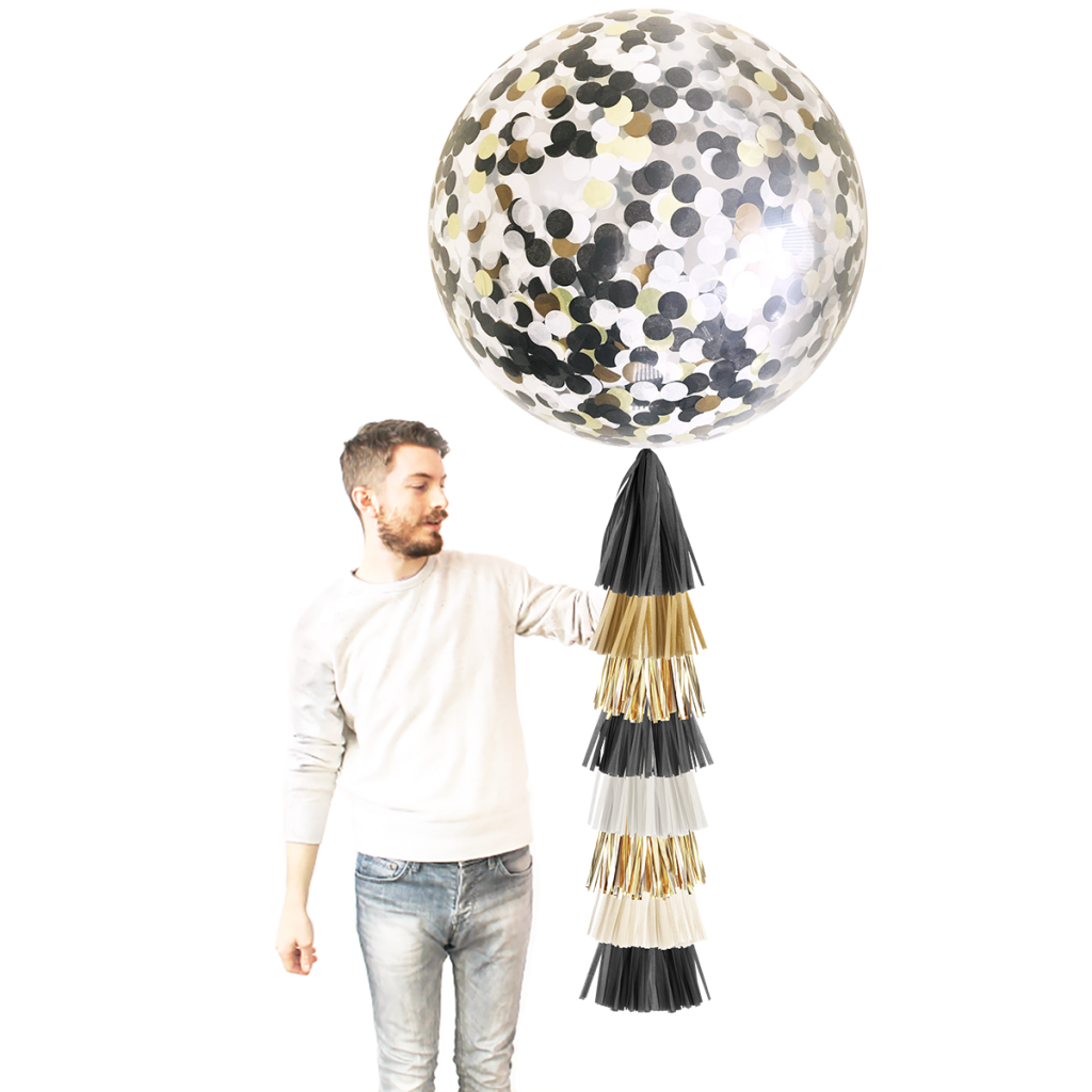 Round Black & Gold Confetti Balloon With DIY Tassel Tail