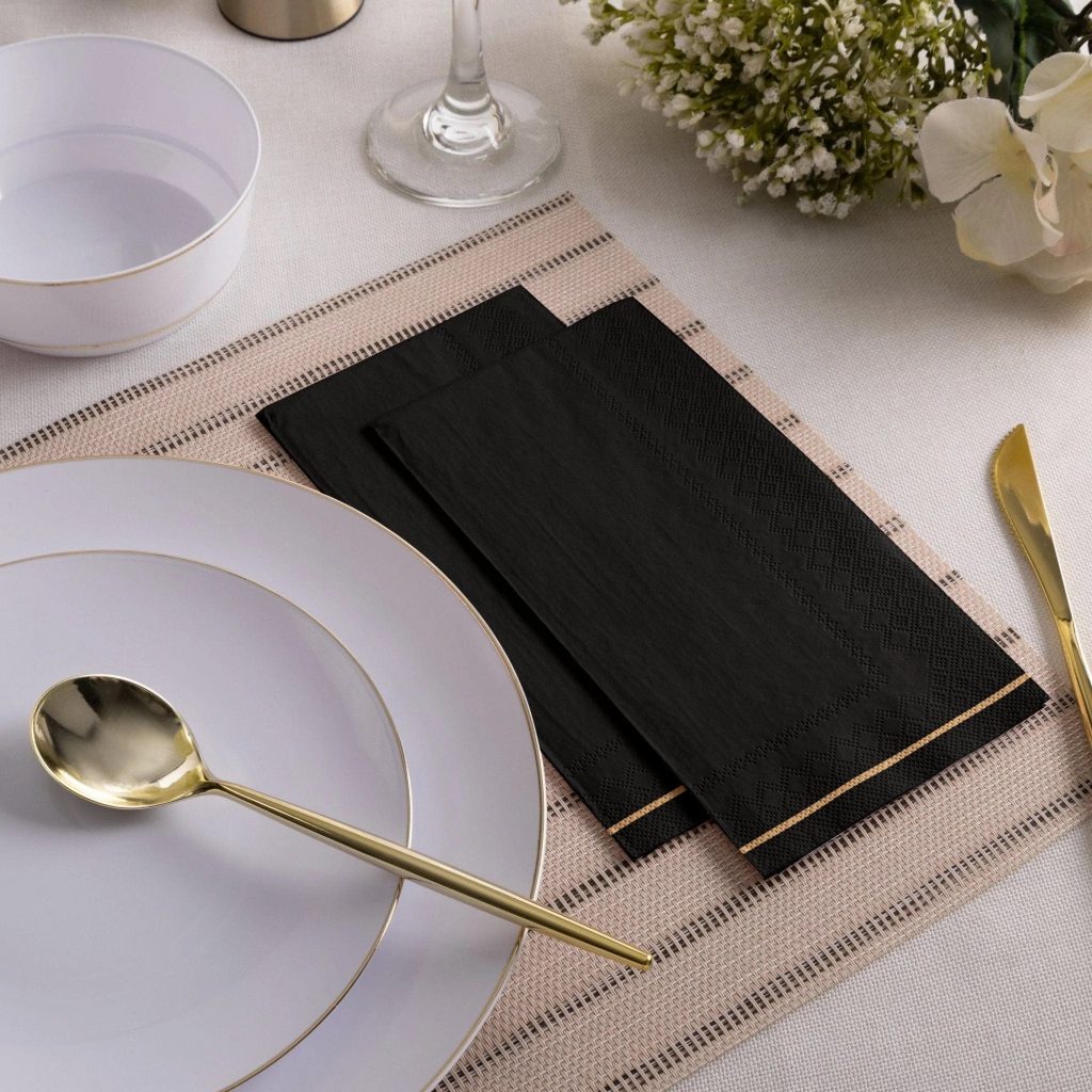 Black With Gold Stripe Paper Guest Towels 16ct