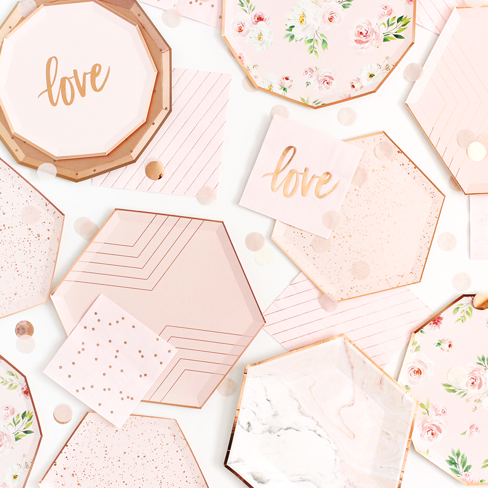 Blush Pink & Rose Gold Hexagon Dinner Plates 8ct