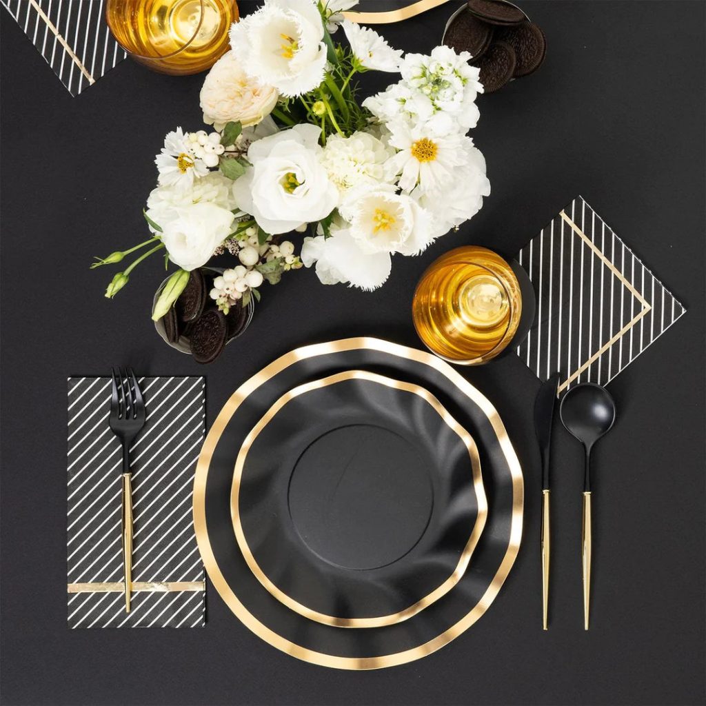 Gold & Black Plastic Cutlery Set For 8