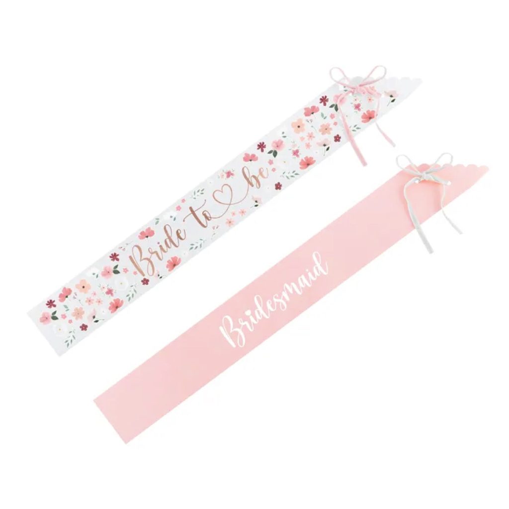 Floral Bride-to-Be & Pink Bridesmaid Sashes 6ct