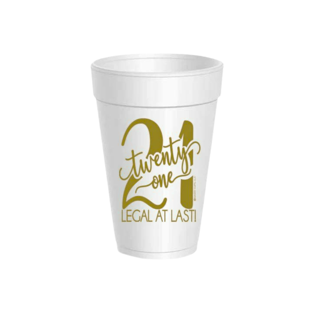 Gold Legal At Last 21st Birthday Styrofoam Cups & Lids 10ct