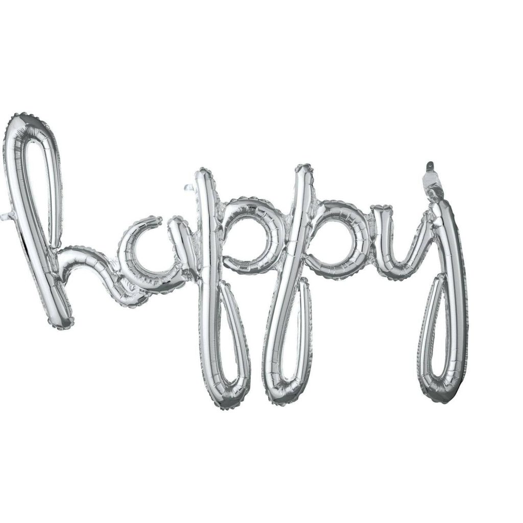 Silver Happy Cursive Letter Balloon 39in