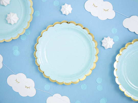 Light Blue & Gold Scalloped Dessert Plates 6ct