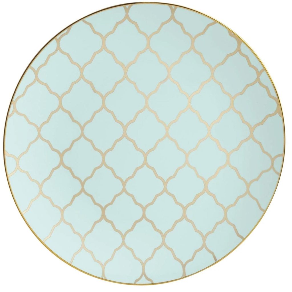 Light Mint Blue & Gold Lattice Plastic Dinner Plates 10ct