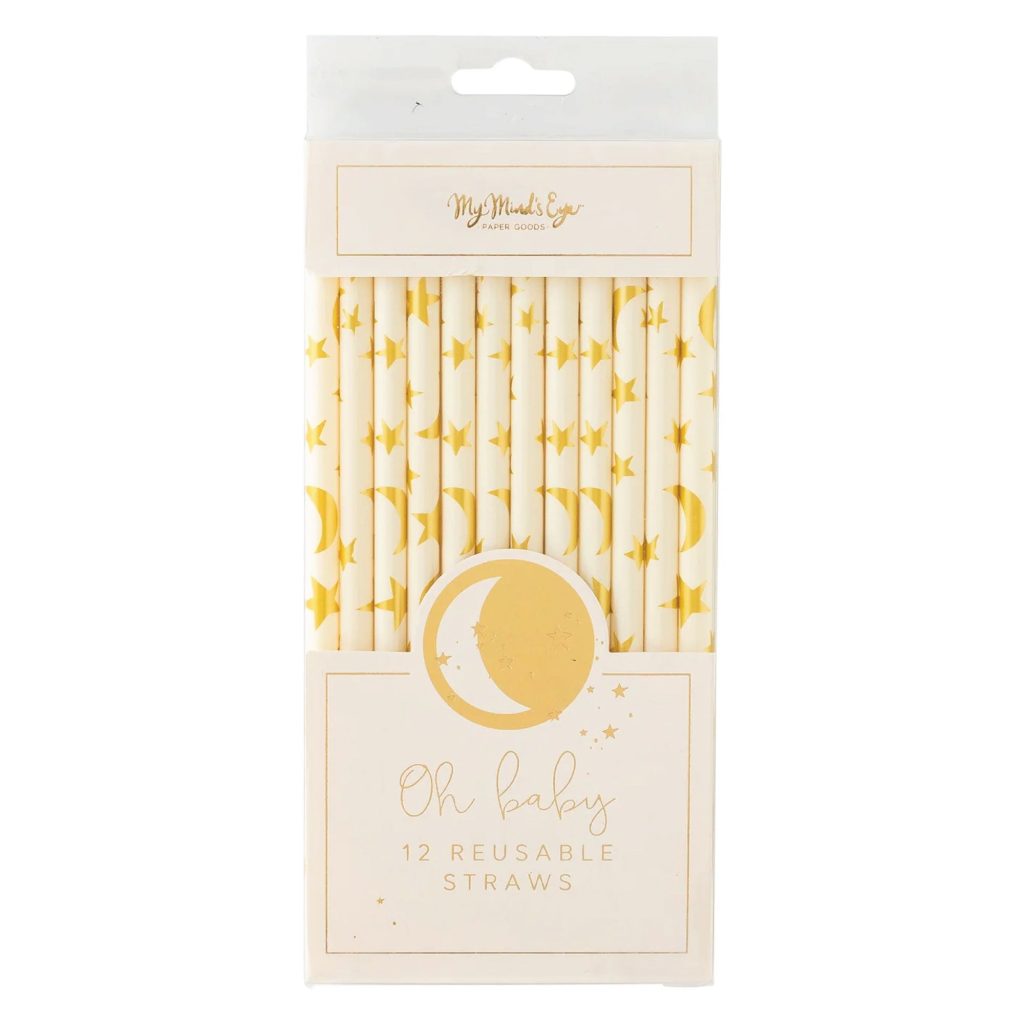 Baby Gold Moon & Star Plastic Straws 12ct